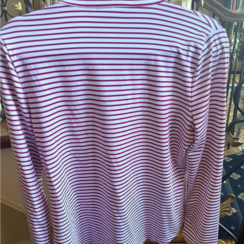 Chico’s Zenery Stretch material 3/4 zip long sleeve top. Size 0 EUC pink /White - Picture 10 of 11